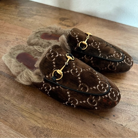 Gucci Princetown Brown Velvet Fur Slip On Flats Size 8.5 - Picture 17 of 17